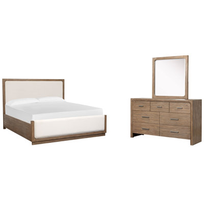 Hien Queen Upholstered Panel Bed And Drawer Dresser With Portrait Mirror