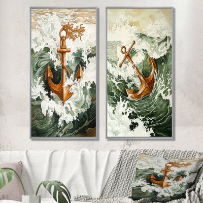 «Anchor in the Waves I» - décoration murale côtière, art mural nautique 2 pièces