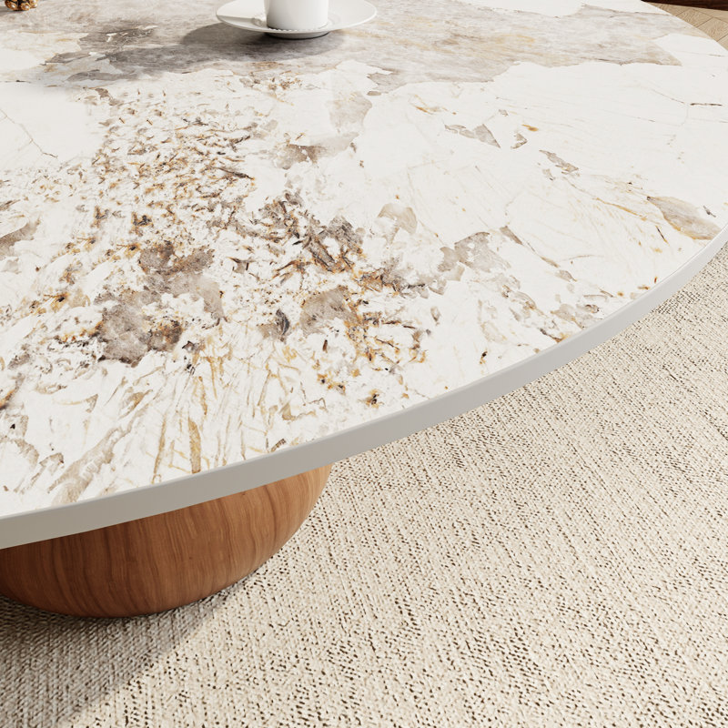 Mid-Century Modern Round Coffee Table Stone Marble Effect With Solid Wood Base For Living Room & Home Decor