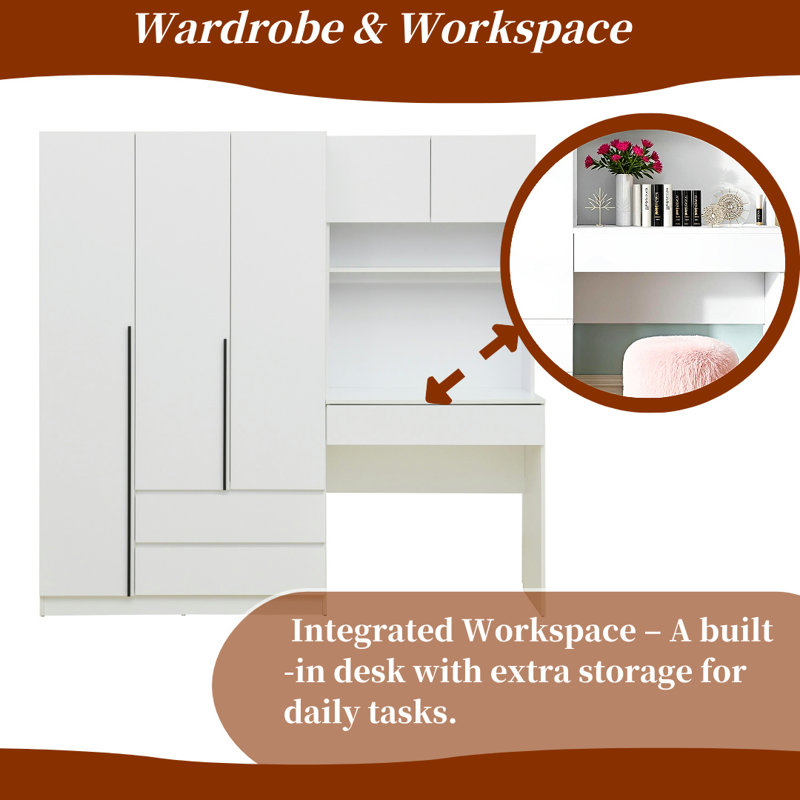 Armoire de rangement intelligente à 3 portes avec bureau intégré, Blanc