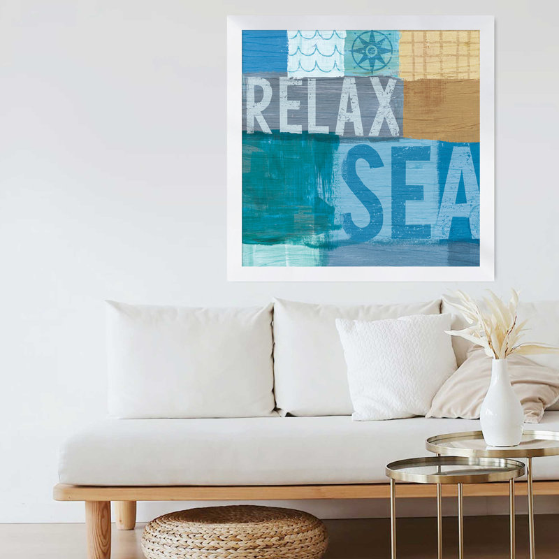 «Beachscape Collage III», art textuel sur toile, H 21,5 po x l 21,5 po x P 0,75 po, Cadre blanc, Aucun mat