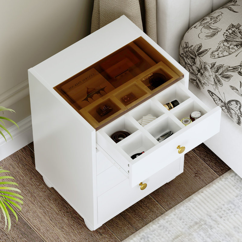 Modern 4-Drawer Dresser Cabinet with Glass Top Jewelry Display, Rolling Storage Unit with Lockable Casters for Bedroom or Living Room