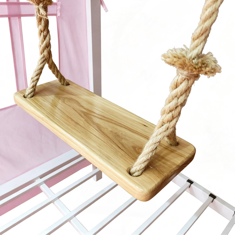Lit double en métal avec structure en forme de maisonnette, tente de jeu, balançoire, hamac et baldaquin, rose