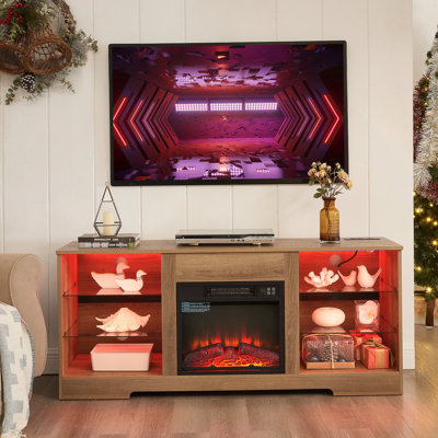 Meuble télé Meuble télé avec foyer électrique et tablettes en verre, foyer 3D avec lumières DEL en bois et prise de charge USB