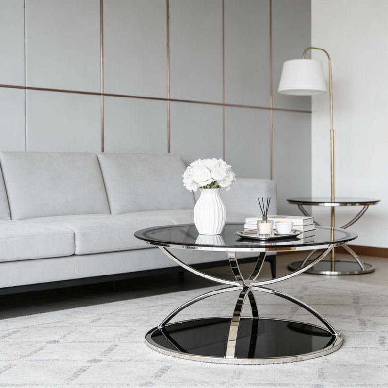 Table basse 31,50 "en verre avec 2 niveaux, cadres en forme d'anneau, Argent
