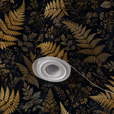 Peel and Stick PVC Wallpaper, Removable Self-Adhesive Wall Covering With Golden Fern Leaf Botanical Dark Black Elegant Metallic Nature Print, Waterproof for Home Decor - Roll