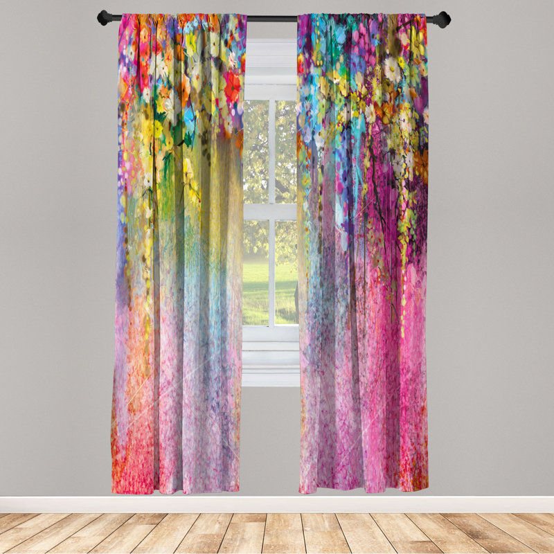 Microfiber Floral Semi-Sheer Rod Pocket Curtain Panels, 28" W x 84" L, Pink/Blue/Yellow