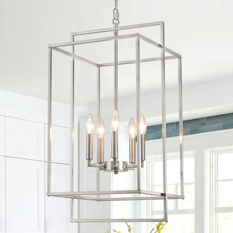 5 - Light Dimmable Lantern Square/Rectangle Chandelier, Brushed Nickel