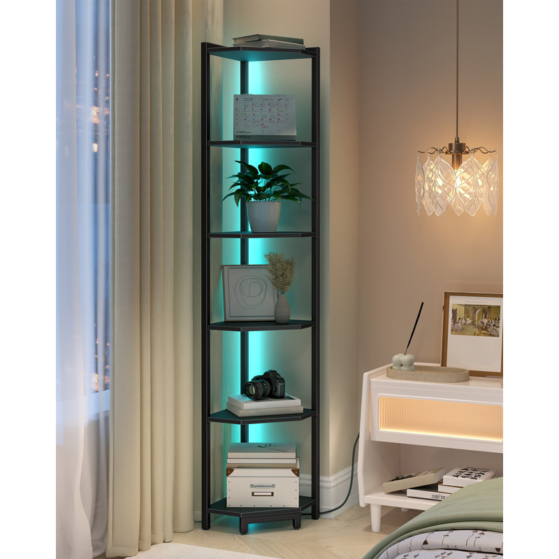 Corner Shelf with LED Light, 6-Tier Corner Bookshelf, Tall Narrow Display Bookcase with Metal Frame, Standing Shelf for Small Space, Living Room, Home Office, Bedroom, Black