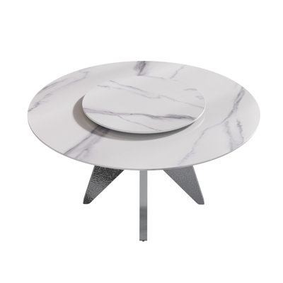 Table de salle à manger 59,05 po ronde en marbre avec base en acier inoxydable argenté, marbre artificiel pour 6 à 8 personnes, table tournante en pierre artificielle blanche 31,5 po (table de salle à manger seulement)