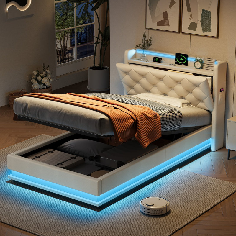 3ft Single Upholstered Bed Frame With Hydraulic Storage, Led Button Tufted Headboard, Charging Station (usb/type-c), Concealed Headboard Storage & Side Pockets, Linen, No Mattress/box Spring Needed,beige