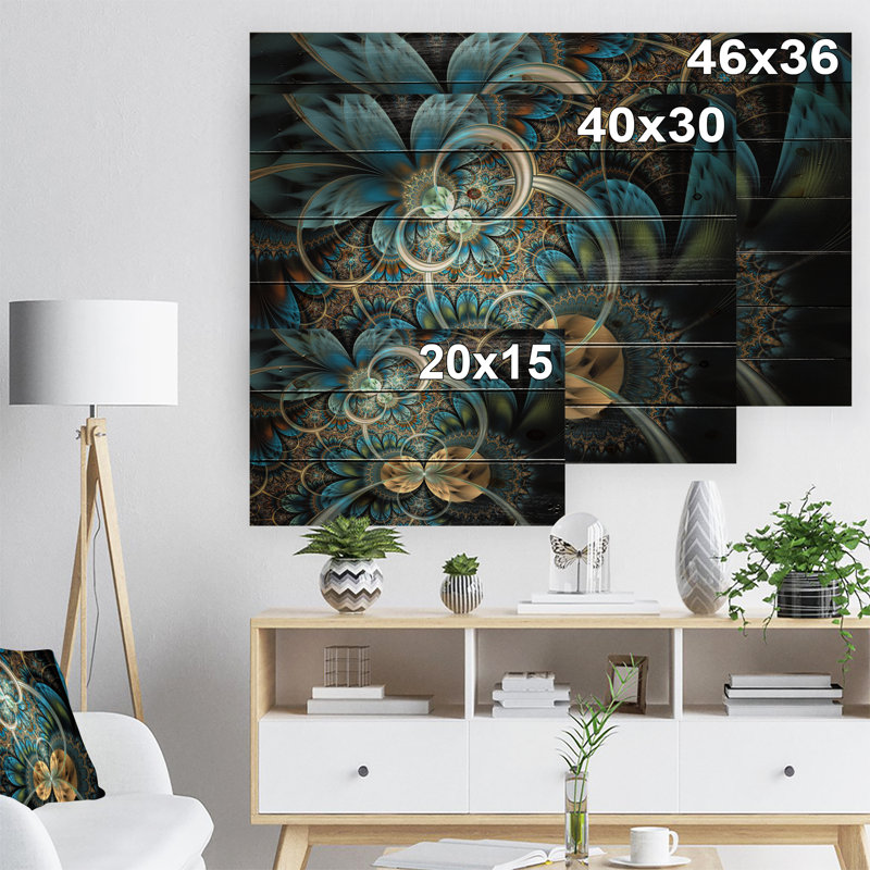 «Symmetric Blue Gold Fractal Flower», impression, H 36 po x l 46 po x P 0,78 po, Bois