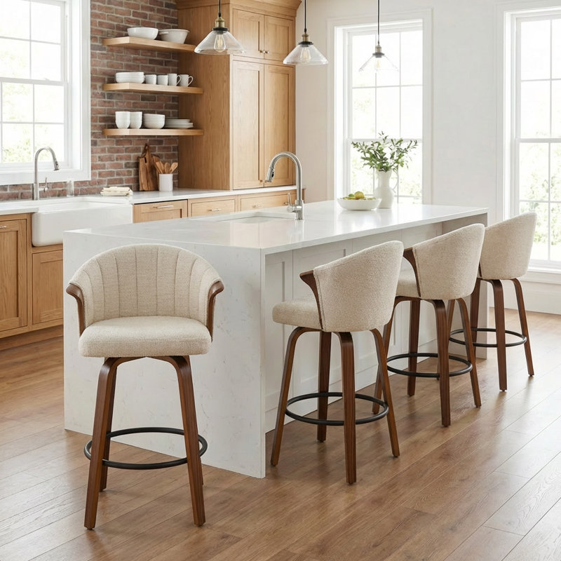 Tabouret de comptoir pivotant rembourré avec structure en bois Devault, Beige
