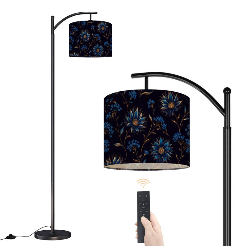 Lampe sur pied arc élégante à branches délicates à motif floral foncé bleu foncé pour chambre à coucher Lampe haute à intensité variable 3 couleurs avec télécommande et ampoule incluse