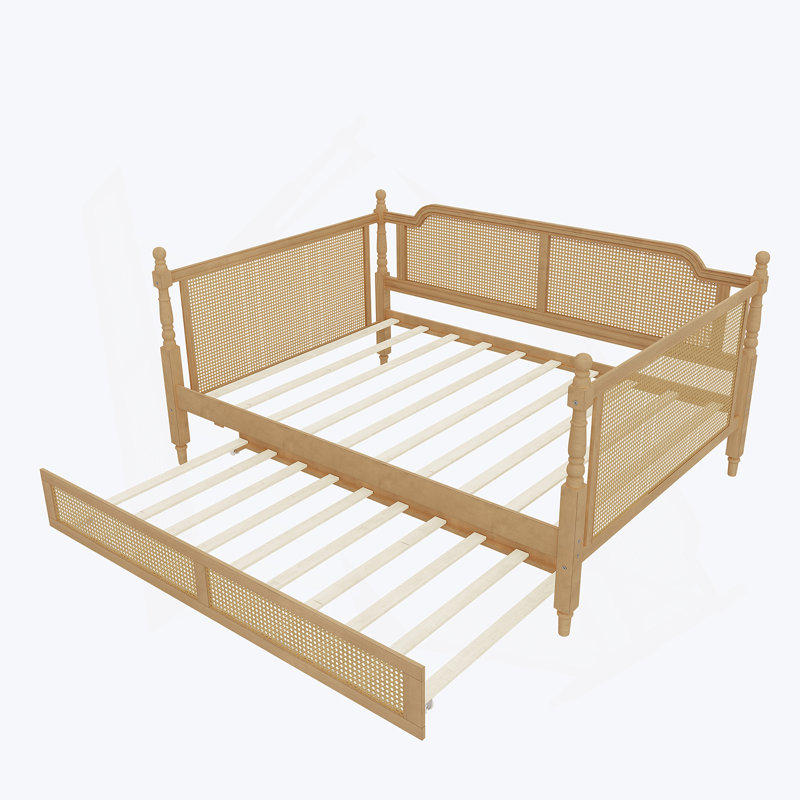 Lit de jour en rotin avec couchette, Complet/Double, Noyer
