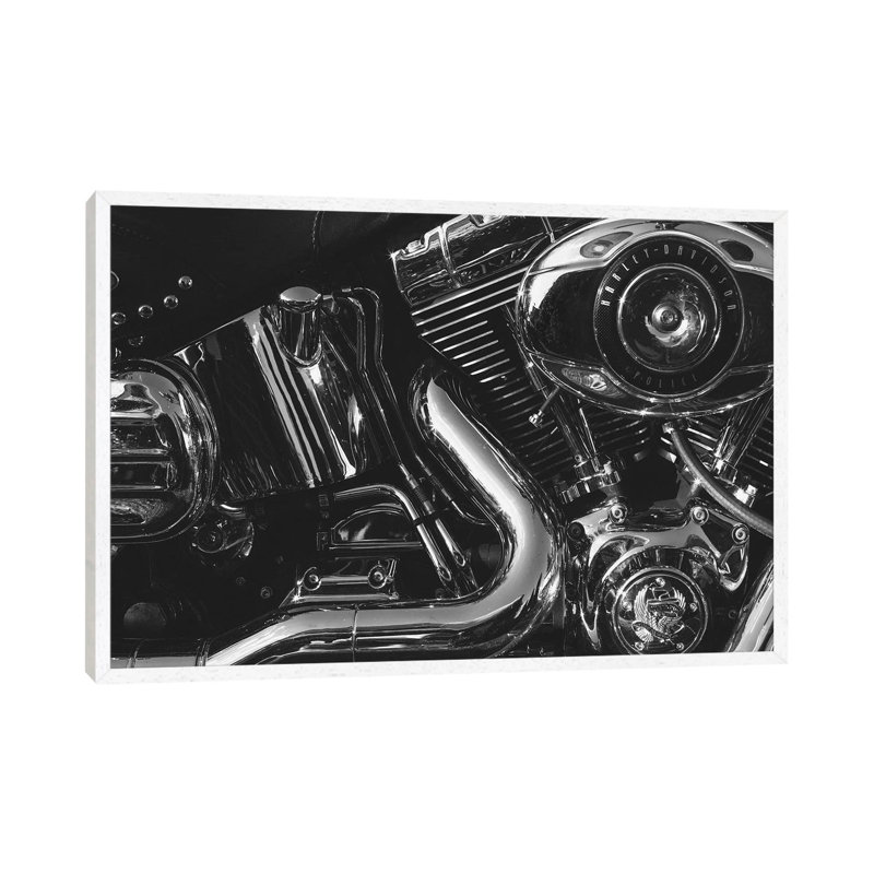 Harley Engine - Print on Canvas, 66.04 cm H x 45.72 cm W, White Framed