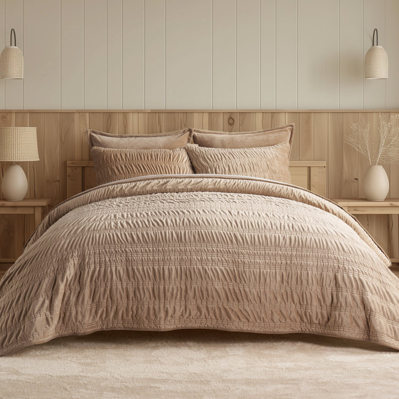Ensemble d'édredon Ruched, Cannelle kaki, Courtepointe très grand + 2 taies décoratives tr
