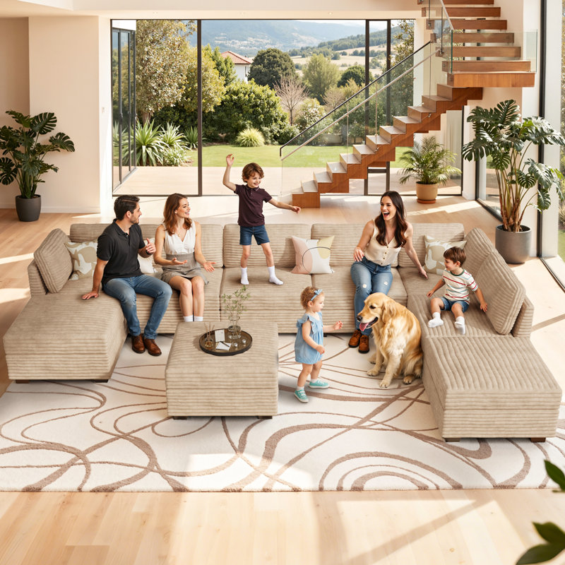 Très grand canapé modulaire en tweed souple en forme de L, équipé de fauteuils amovibles, Velours côtelé beige