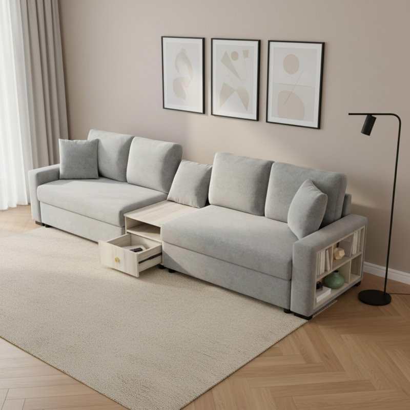 Canapé modulaire en chenille 4 places avec console de rangement centrale et accoudoirs de rangement, Gray