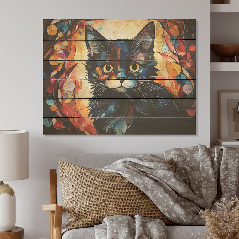Abstrait Munchkin Marvel Cat Portrait I - Art mural en bois sur bois de pin naturel, H 10 po x l 20 po