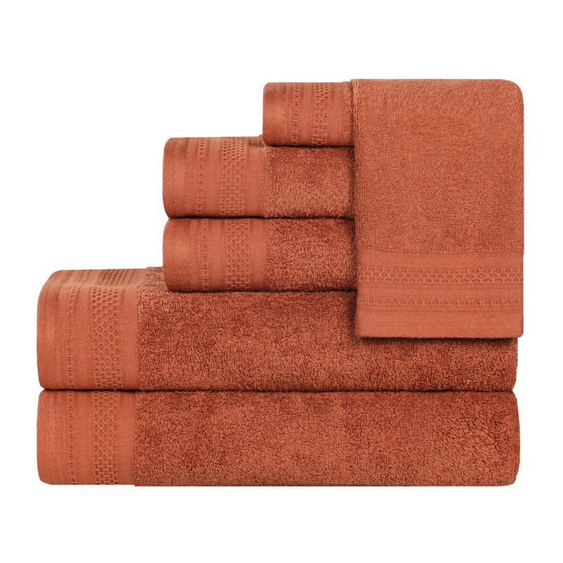 Honeycomb Textured Waffle Border Cotton Medium Weight 6 Piece Towel Set, Rust