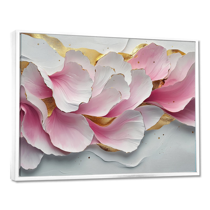 Or rose, veines élégantes de pétales de fleurs IV - fleurs abstraites, art mural, H 30 po x l 40 po, Floater Framed, Blanc
