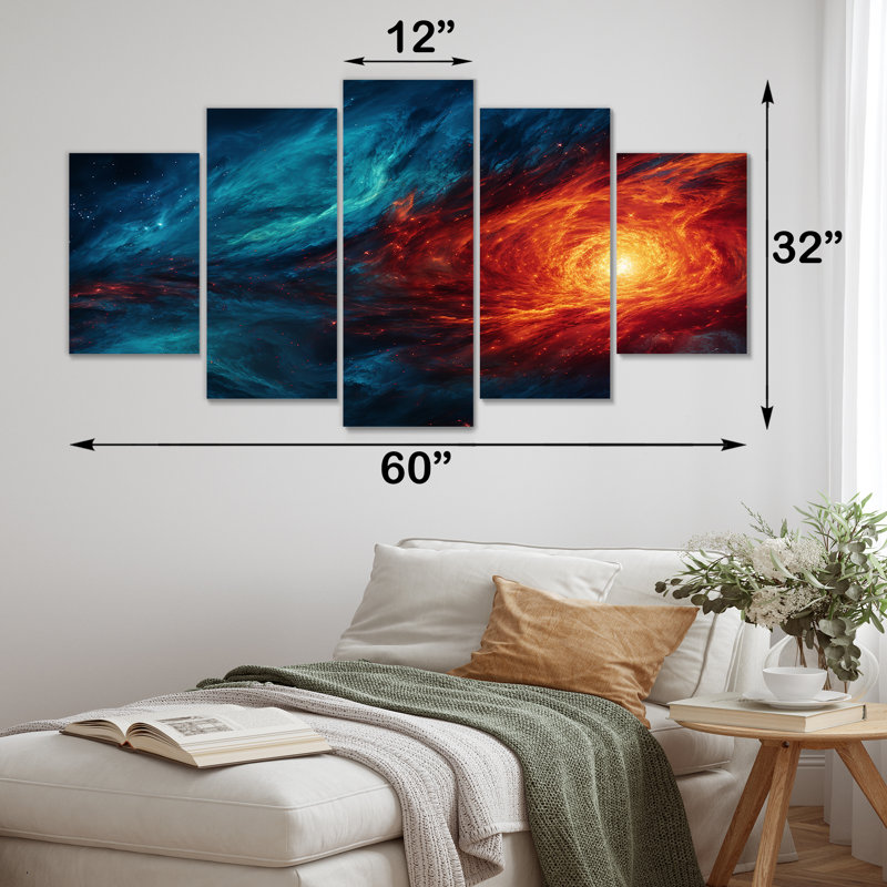 Bleu et orange, nébuleuse cosmique I - planètes, art mural multi-panneaux pour le salon
