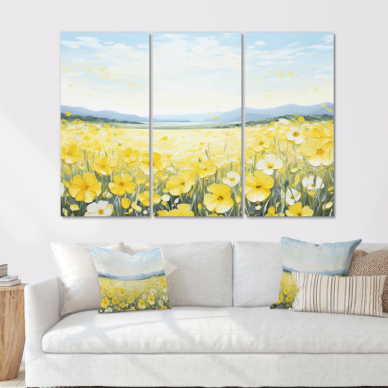 Buttercups Floral Array Field II - Flower Art Wall Art, ensemble d'impression, Toile tendue, H 40 po x l 60 po x P 1 po