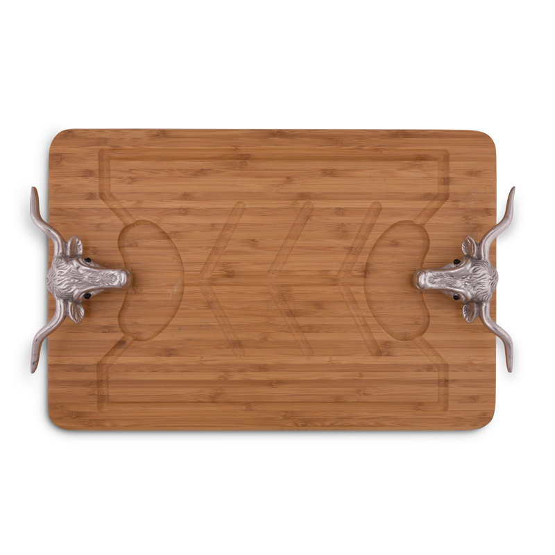 Arthur Court Western Bamboo Wood Carving Board with Aluminum Longhorn Handles