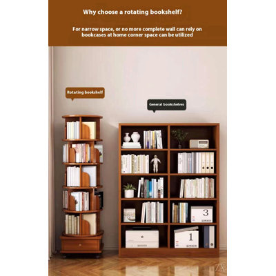 Bibliothèque rotative, bibliothèque d'angle à 360 degrés pour les petits espaces, étagère de rangement à 6 niveaux avec roulettes, rangement en bois étroit pour la chambre à coucher, le salon et la salle d'étude