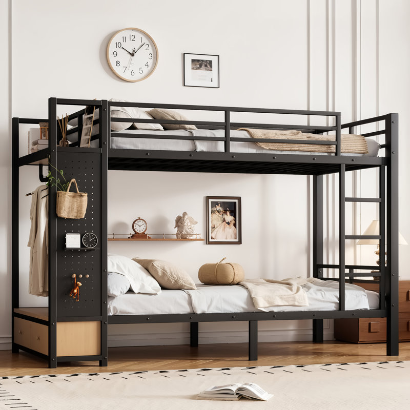 Twin XL over Twin XL size Metal Bunk Bed for Teens, Black Loft Bed with Storage Shelves, Drawers & Pegboard, Space-Saving Dorm Bed Frame