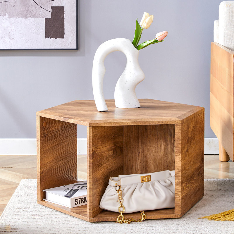 Hexagonal MDF Coffee Table, Wood Grain Pattern Stickers, Multi-Hole Design To Give More Storage Space