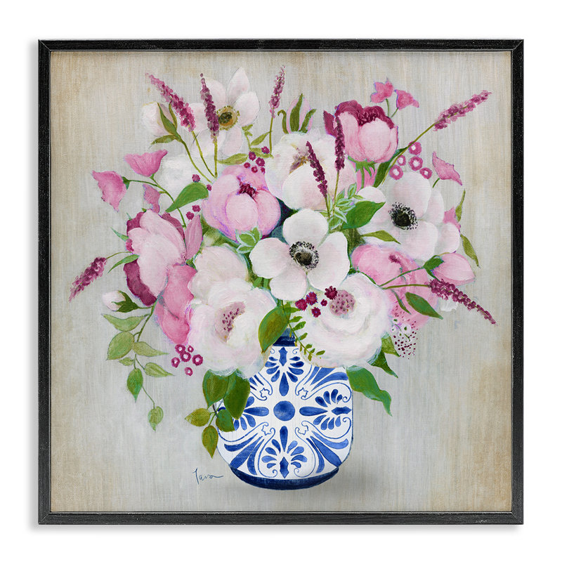 Giclée encadrée de fleurs chinoises roses, design par Janet Tava, H 17 po x l 17 po, Giclée encadrée noir minuit