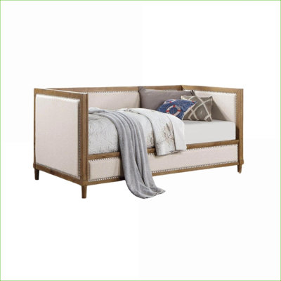 Twin Daybed with Nailhead Trim, Beige Fabric & Light Oak Solid Pine Frame | Beige | Solid Wood