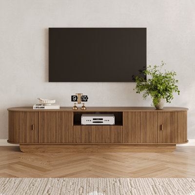86.6" Curved TV Stand for 85 Inch TV, Entertainment Center with Storage, Fluted Media Console with Sliding Doors, Mid Century Modern TV Consoles for Living Room, Bedroom 