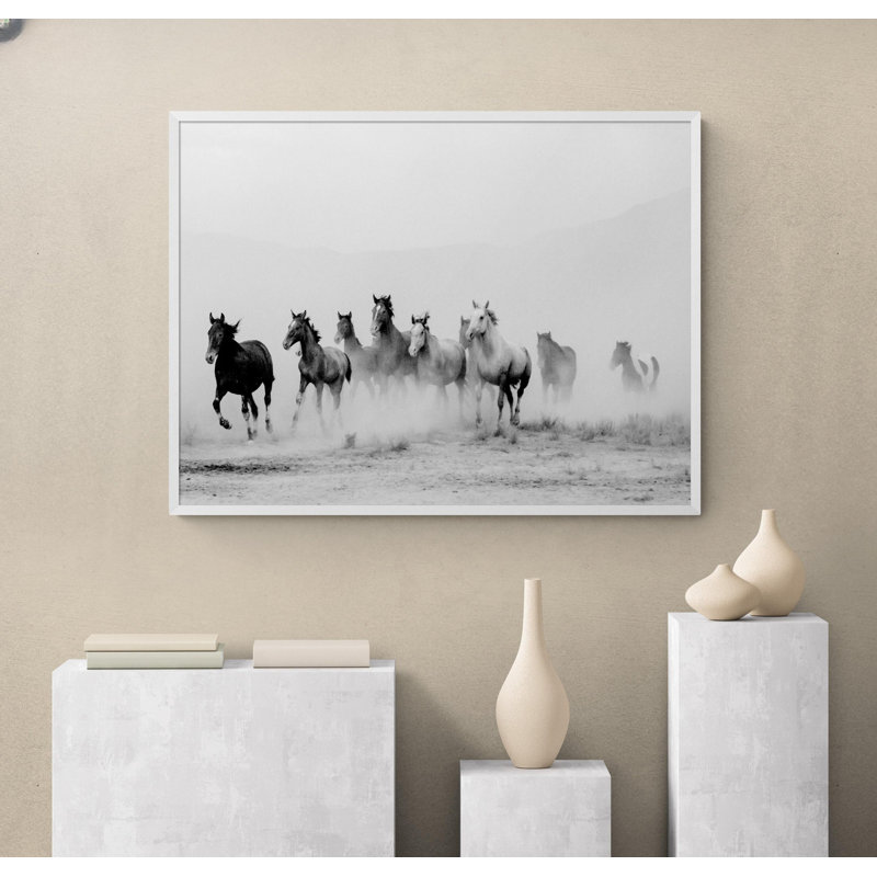 Wild Running Horses, Black & White, No, 18" H x 24" W, White Framed