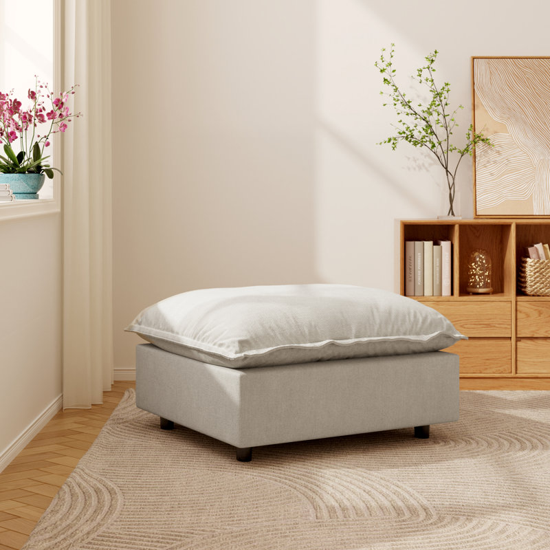 Upholstered Modern Linen Fabric Ottoman, Beige