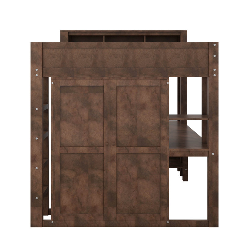 Queen Size Loft Bed With Shelves & USB, Solid Wood Loft Bed With Desk And Storage Wardrobe, Ladder And Guardrails, Brown