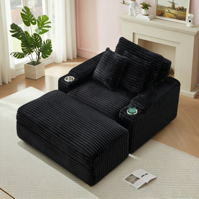 41" Wide Upholstered Chaise Lounge Chair Corduroy Accent Chair With Storage Ottoman And Cup Holder