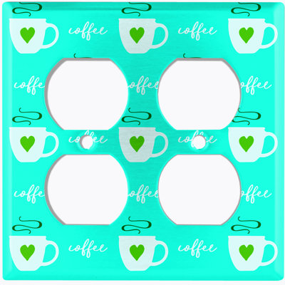 Metal Light Switch Plate Outlet Cover (Coffee Cups Green Hearts Teal - Double Duplex)