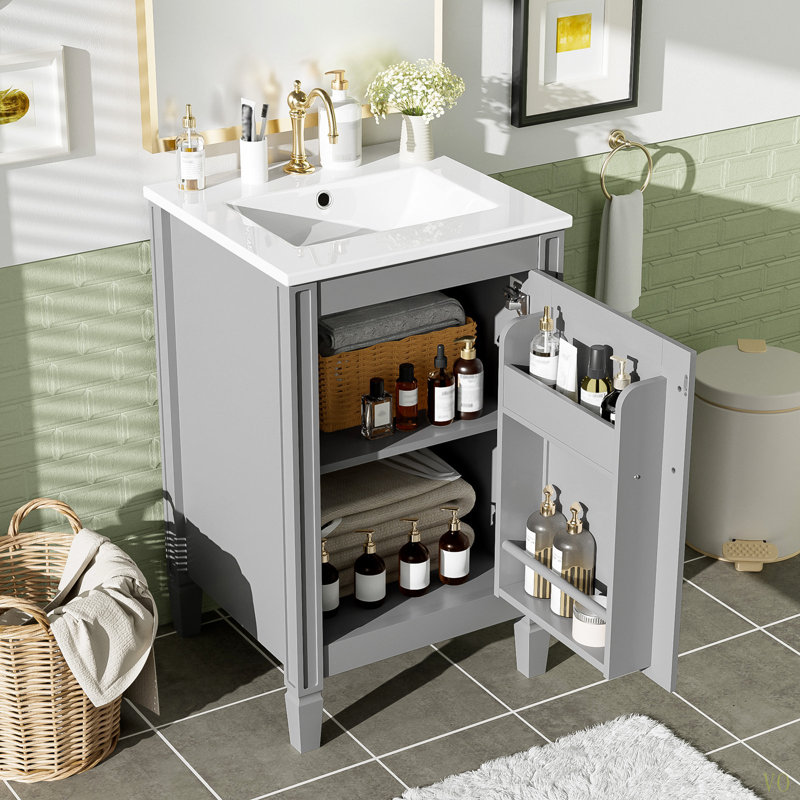 Meuble-lavabo de 20 po avec lavabo en céramique, porte à fermeture douce, tablette réglable en forme de U, support de rangement pour porte, armoire autoportante moderne pour les petites salles de bain