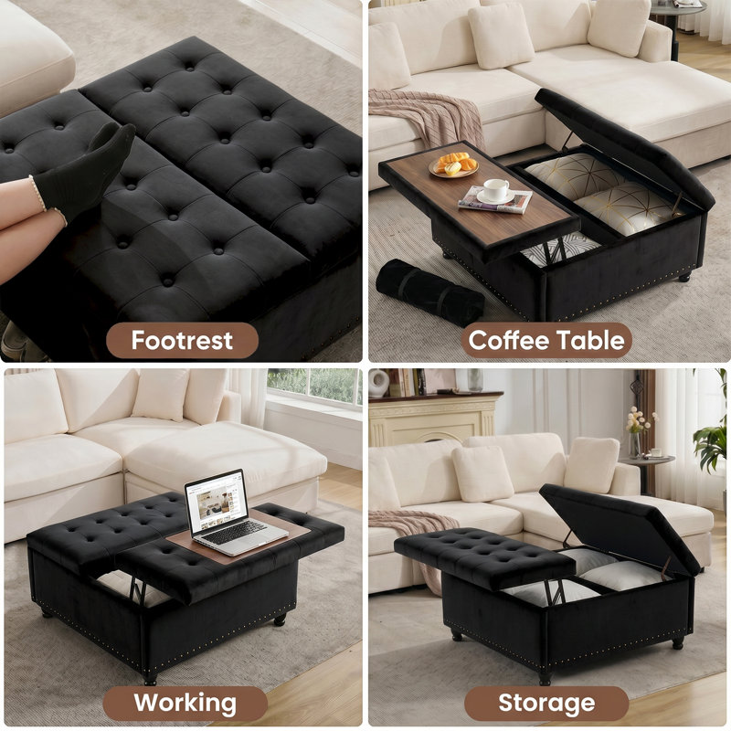 Delmontez 35.5'' Upholstered Storage Square Ottoman, Black Velvet
