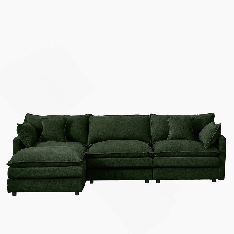 Modular Sectional Sofa, 3-Seater Couch With Movable Ottoman, Green