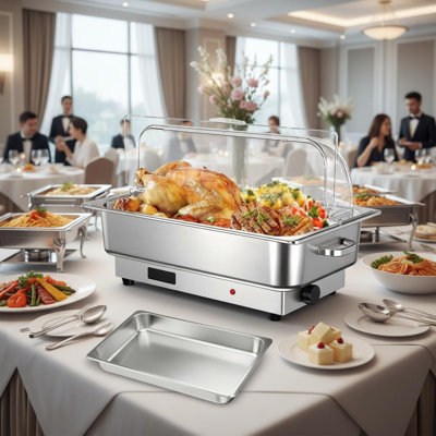 9-Quart Electric Chafing Dish With 1 Full-Size Food Pan And 400W Aluminum-Clad Bottom Heating, Stainless Steel Buffet Server With Temperature Control And PC Roll Top Lid For Catering And Events