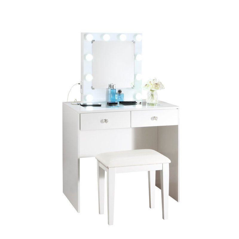 White Makeup Vanity And Stool With 10 Lights, 2 Drawers, Port & Power Outlet - Bedroom Enticing 2 Stool, Modern, White