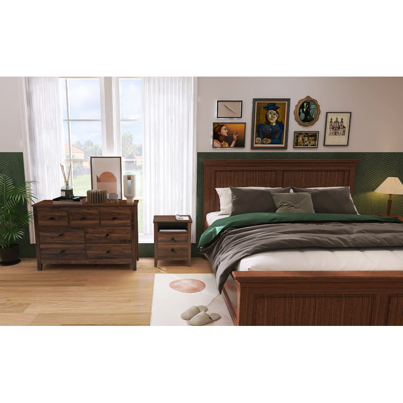Ensemble de meubles de chambre à coucher 3 pièces avec commode 7 tiroirs et 2 tables de chevet Dundald, Brun