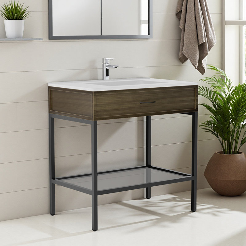Meuble-lavabo autoportant avec comptoir en marbre d'ingénierie intégré - Conception élégante avec lavabo simple avec élégance moderne et rangement fonctionnel