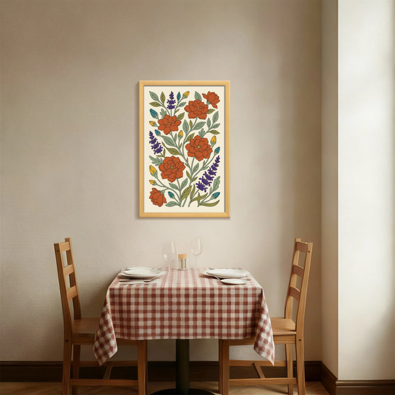 Motif floral de plantes et de fleurs avec des fleurs orange et mauves, H 24 po x l 16 po