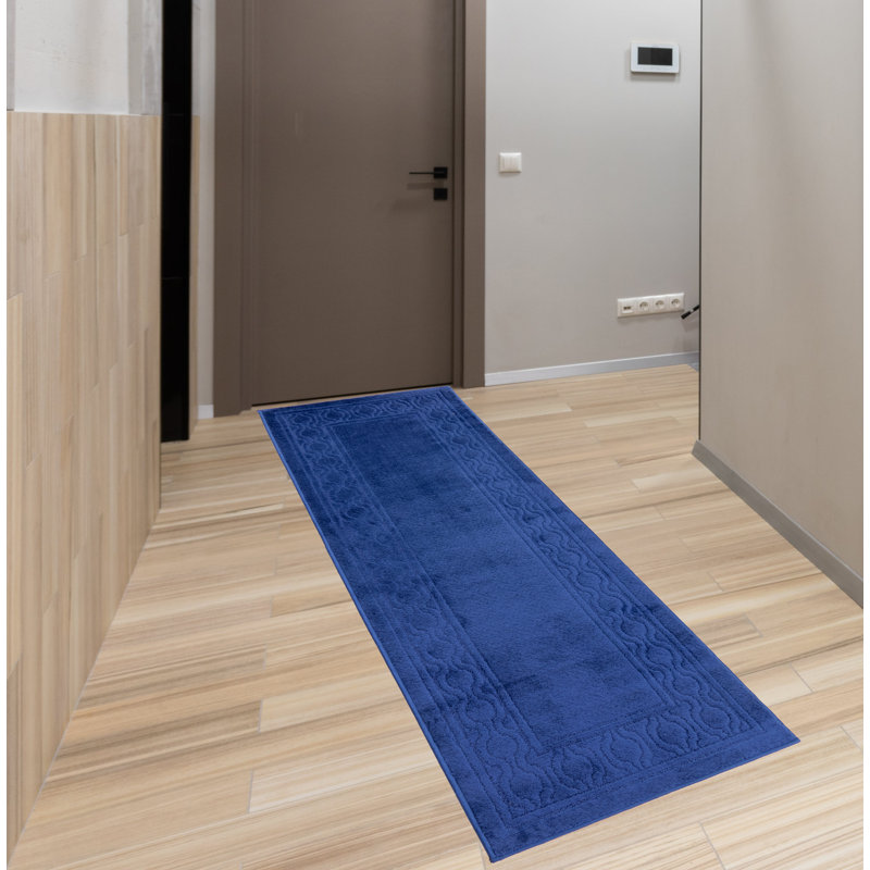 Machine Washable Rug Dark Blue Colour Trellis Border Slip Resistant Carpet, Rectangle 2'2" x 3'