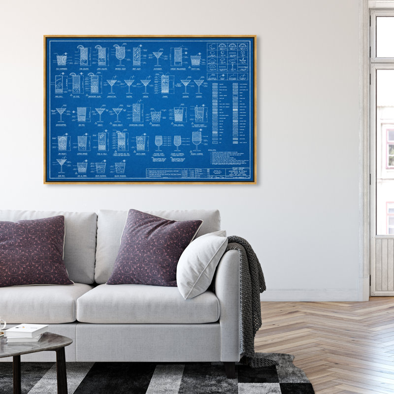 Drinks and Spirits Happy Hour Specs, bleu industriel - Impression sur toile, Toile avec cadre doré, H 36 po x l 54 po